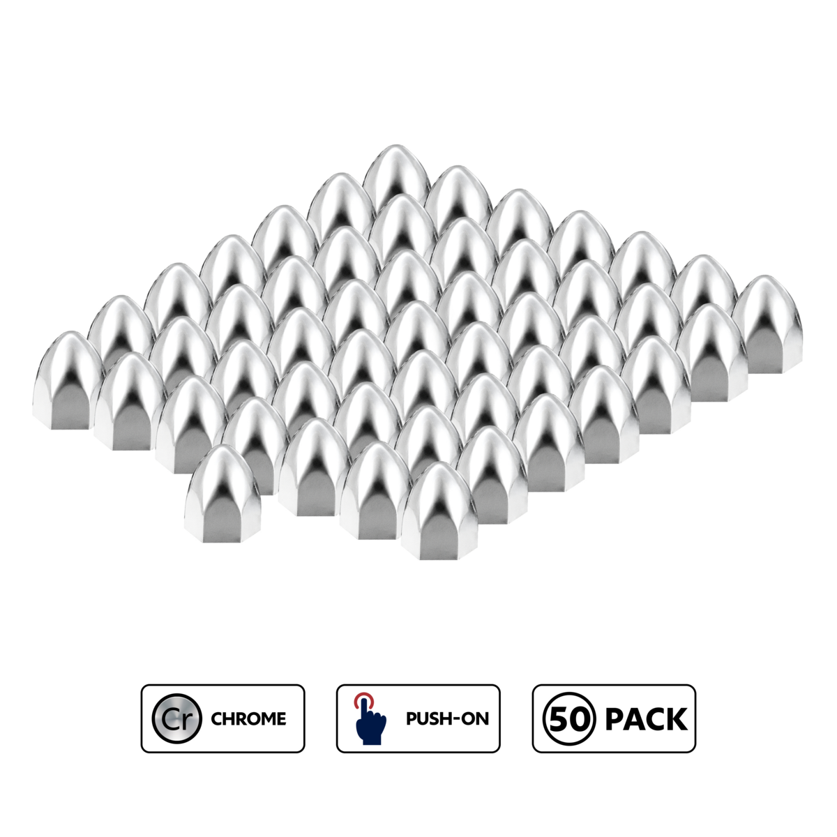 7/16" x 3/4" Chrome Plastic Bullet Nut Covers - Push-On (50-Pack)
