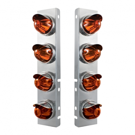 SS Front Air Cleaner Bracket With 8X Glass Watermelon Lights & SS Visors For Peterbilt-Dark Amber Le