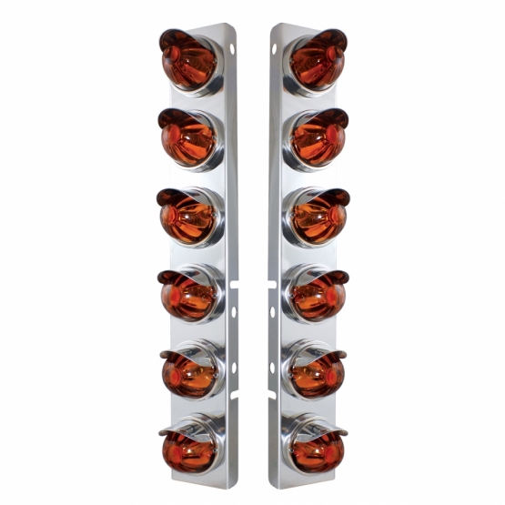 SS Front Air Cleaner Bracket With 12X Glass Watermelon Lights & SS Visors For Peterbilt-Dark Amber L