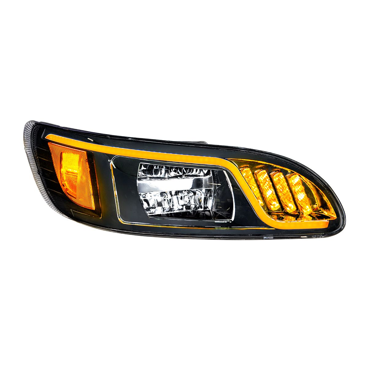 Black LED Headlight With LED Turn, Position, & DRL For Peterbilt 386 (2005-2015) & 387 (1999-2010)-