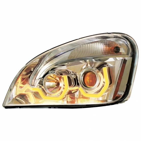 Chrome Projection Headlight W/Dual Function Amber LED Position Lights For 2008-17 FL Cascadia - Driv