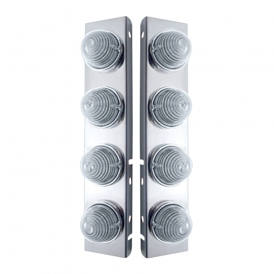 SS Front Air Cleaner Bracket W/8X 17 LED Beehive Lights & SS Bezels For Peterbilt -Amber LED/Clear L