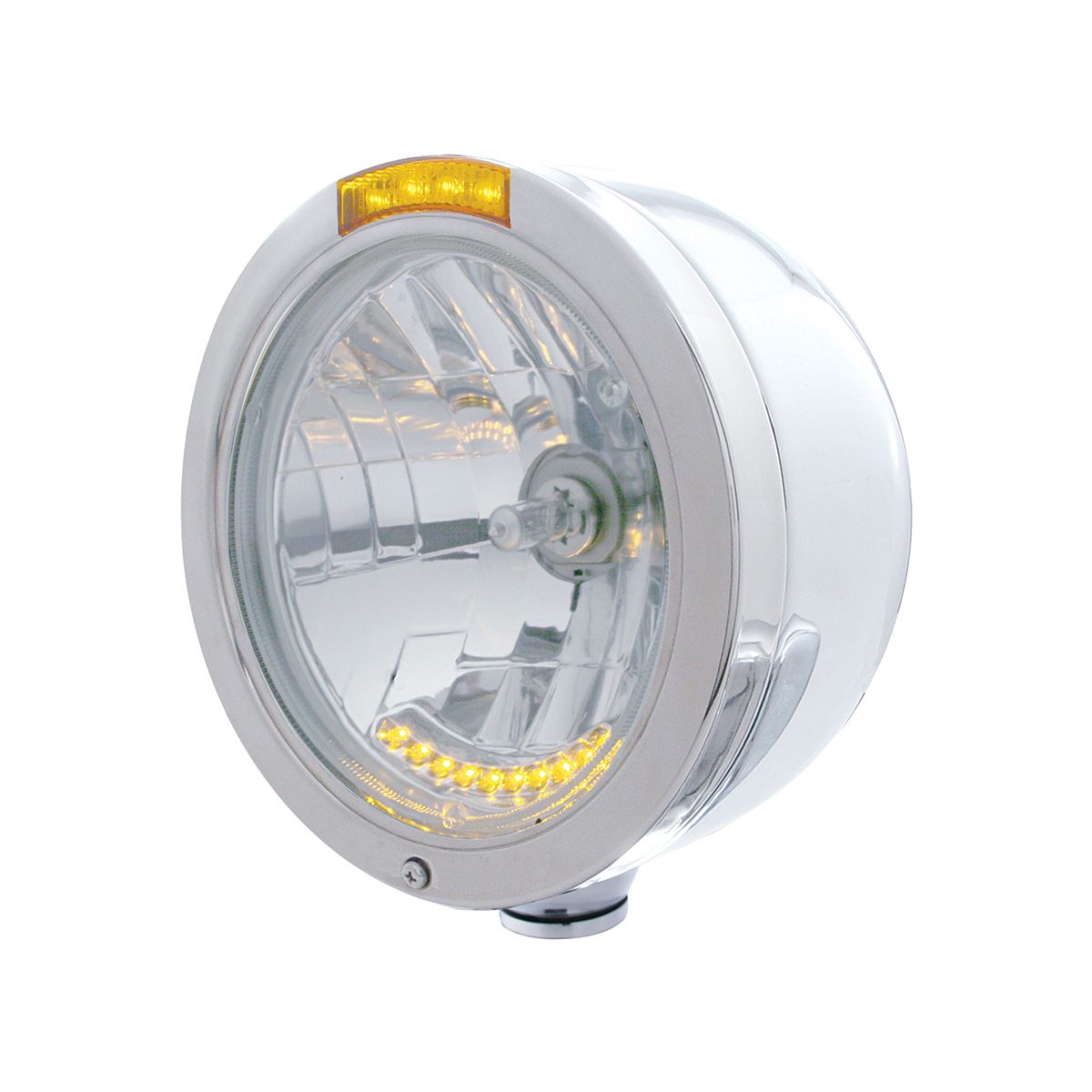 Stainless Steel Bullet Half Moon Headlight H4 With 10 Amber LED & Signal - Amber Lens
