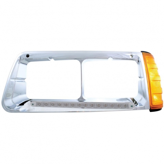 14 LED Headlight Bezel With Turn Signal For 1989-2009 Freightliner FLD - Driver - Amber LED/Clear Le