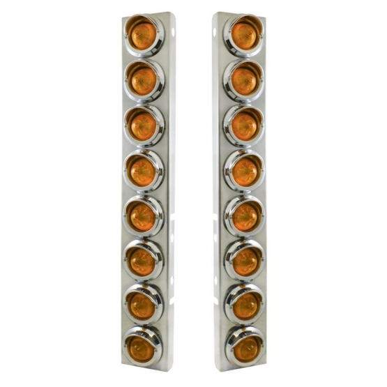 SS Front Air Cleaner Bracket With 16X 9 LED 2" Beehive Lights & Visors For Peterbilt-Amber LED & Len