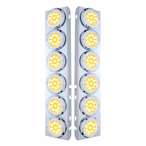 SS Front Air Cleaner Bracket With 12X 9 LED 2" Reflector Lights & Bezels For Peterbilt-Amber LED/Cle