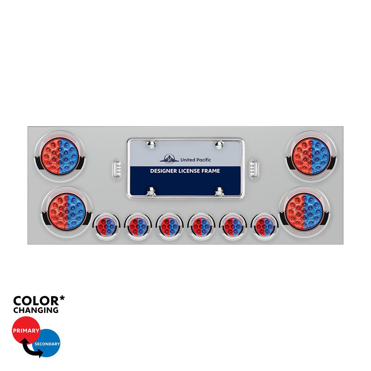 SS Rear Center Panel With 4X 19 LED 4" & 6X 7 LED 2" Double Fury Lights & Visors-Red & Blue LED