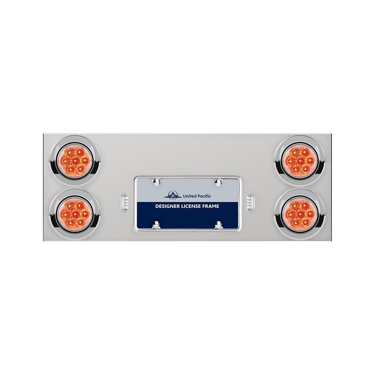 33-3/4" Stainless Rear Center Panel With Four 7 LED 4" Reflector Lights & Visors - Red LED/Clear Len