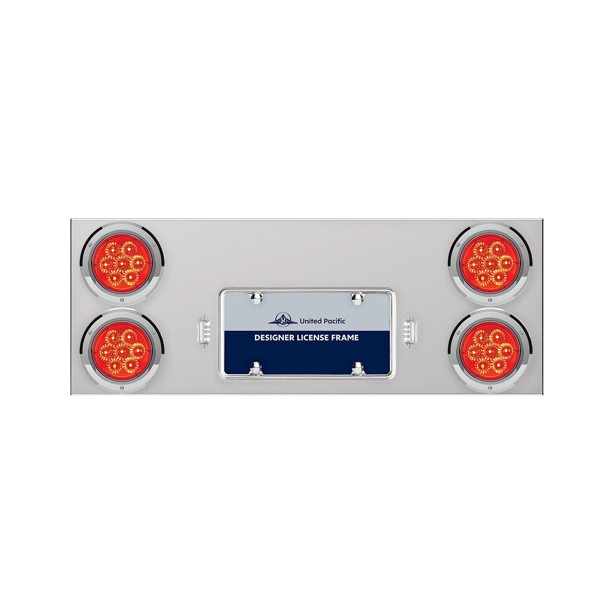 33-3/4" Stainless Rear Center Panel With Four 7 LED 4" Reflector Lights & Bezels - Red LED/Red Lens