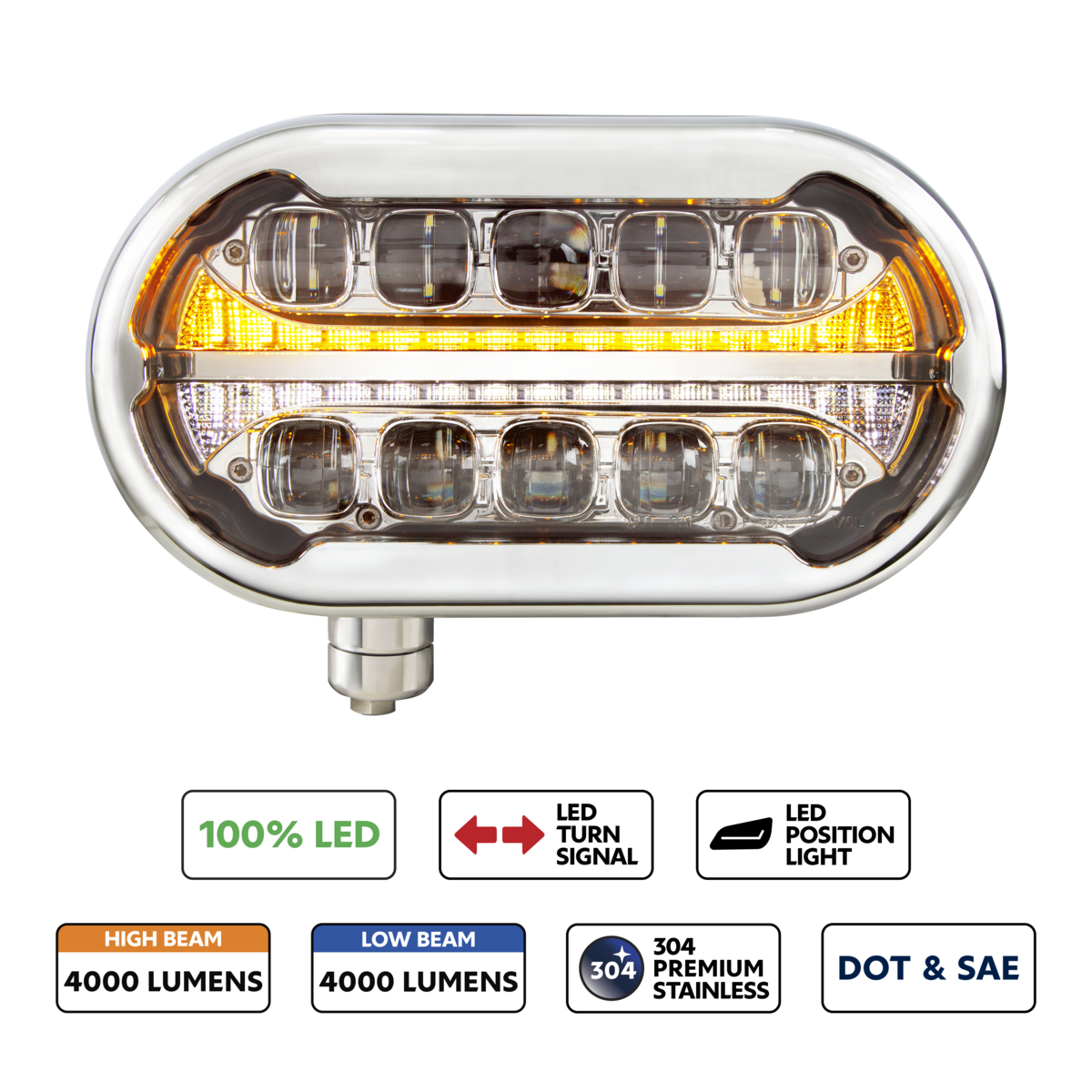 ULTRALIT PLUS High Power 10 LED Projector Chrome Headlight With SS Peterbilt 359 Style Housing - Dri