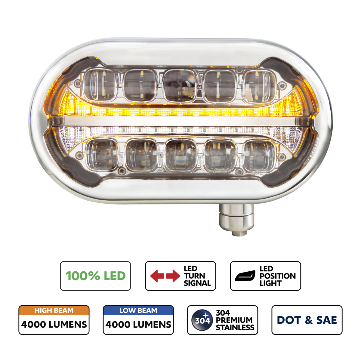 ULTRALIT PLUS High Power 10 LED Projector Chrome Headlight With SS Peterbilt 359 Style Housing - Pas
