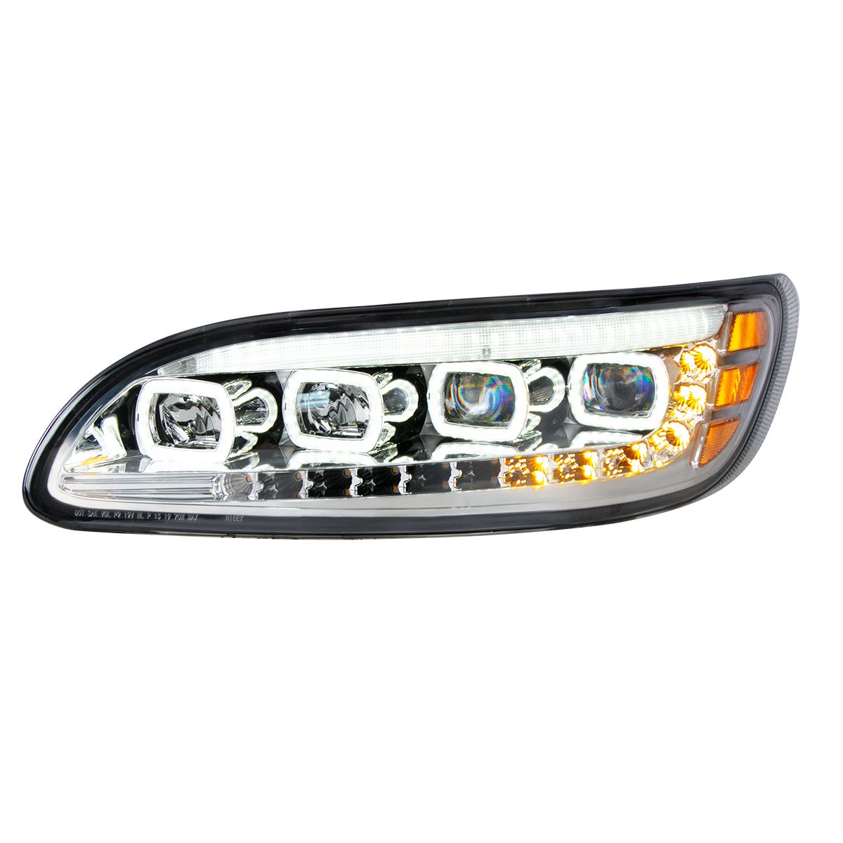 Chrome Quad-LED Headlight With LED DRL & Seq. Signal For 2005-2015 Peterbilt 386- Driver