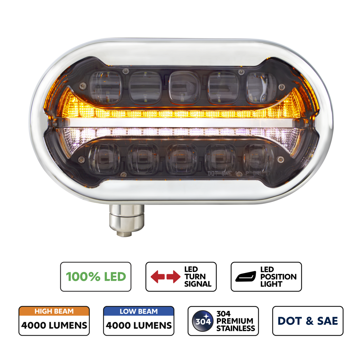 ULTRALIT PLUS High Power 10 LED Projector Black Headlight With SS Peterbilt 359 Style Housing - Driv