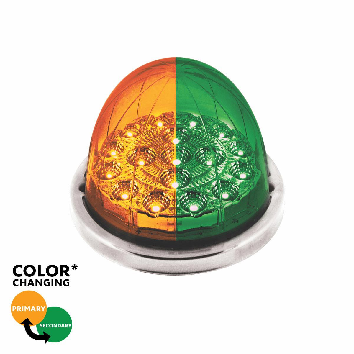 17 LED Watermelon Double Fury Light Flush Mount Kit With Low Profile SS Bezel - Amber & Green LED/Cl