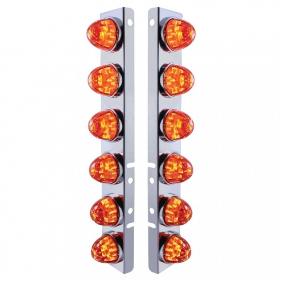 SS Front Air Cleaner Bracket With 12X LED Watermelon Lights & SS Bezels For Peterbilt-Amber LED/Dark
