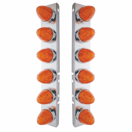 SS Front Air Cleaner Bracket With 12X 19 LED Watermelon Lights & Bezels For Peterbilt-Amber LED/Dark