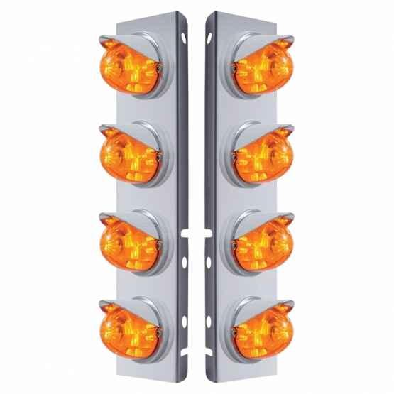 SS Front Air Cleaner Bracket With 8X 17 Amber LED Dual Func. Watermelon Lights & Visors For Peterbil