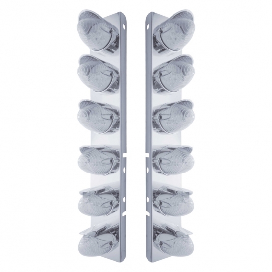 SS Front Air Cleaner Bracket With 12X 19 LED Beehive Lights & Visors For Peterbilt-Amber LED/Clear L