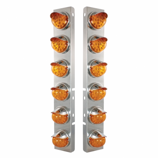 SS Front Air Cleaner Bracket With 12X 17 Amber LED Reflector Lights & SS Visors For Peterbilt-Amber
