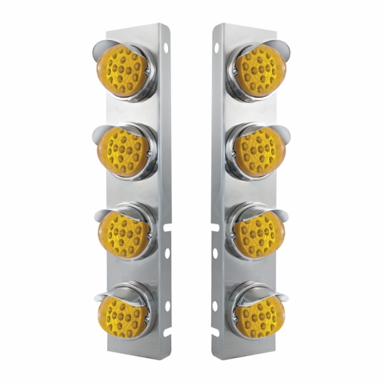 SS Front Air Cleaner Bracket With 8X 17 Amber LED Reflector Lights & SS Visors For Peterbilt-Amber L