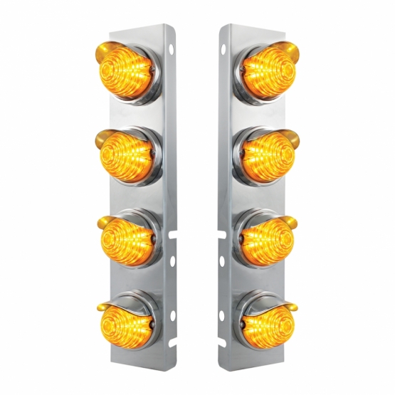 SS Front Air Cleaner Bracket With 8X 17 Amber LED Beehive Lights & SS Visors For Peterbilt -Amber Le
