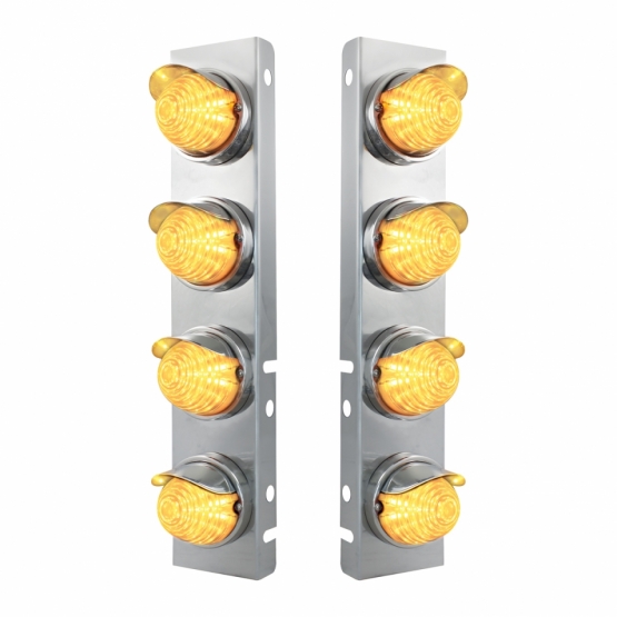 SS Front Air Cleaner Bracket With 8X 17 Amber LED Beehive Lights & SS Visors For Peterbilt -Clear Le