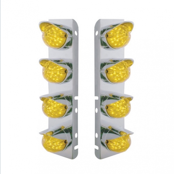 SS Front Air Cleaner Bracket With 8X 17 Amber LED Watermelon Lights & SS Visors For Peterbilt-Amber