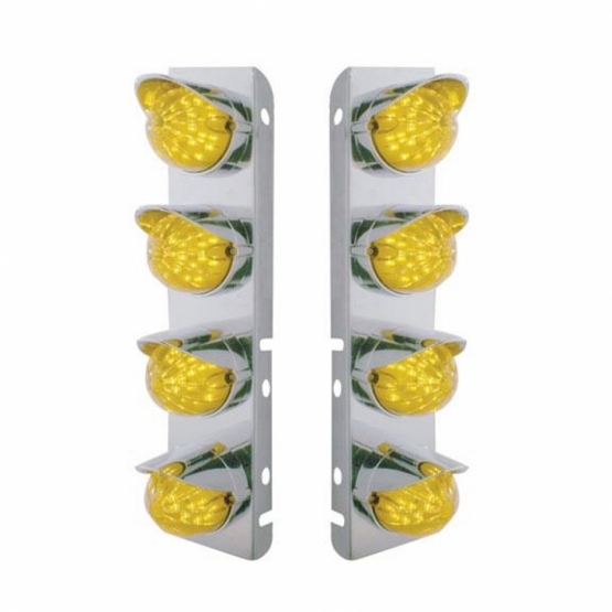 SS Front Air Cleaner Bracket With 8X 17 Amber LED Hi/Lo Watermelon Lights & SS Visors For Peterbilt