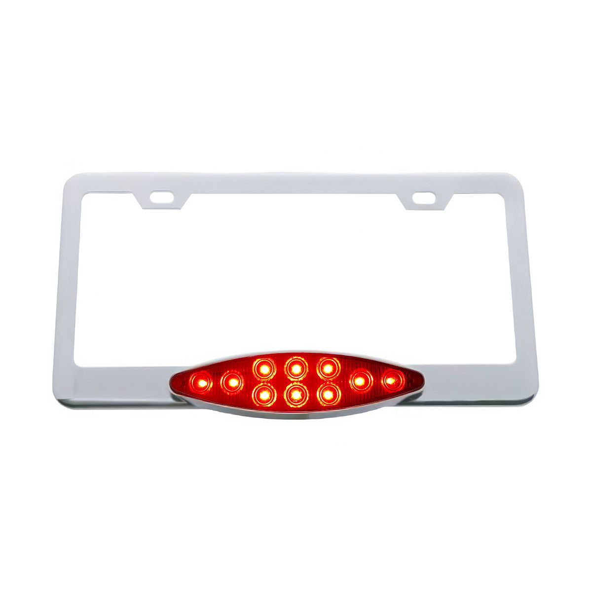 Chrome License Plate Frame With 10 LED Cats Eye Light - Red LED/Red Lens