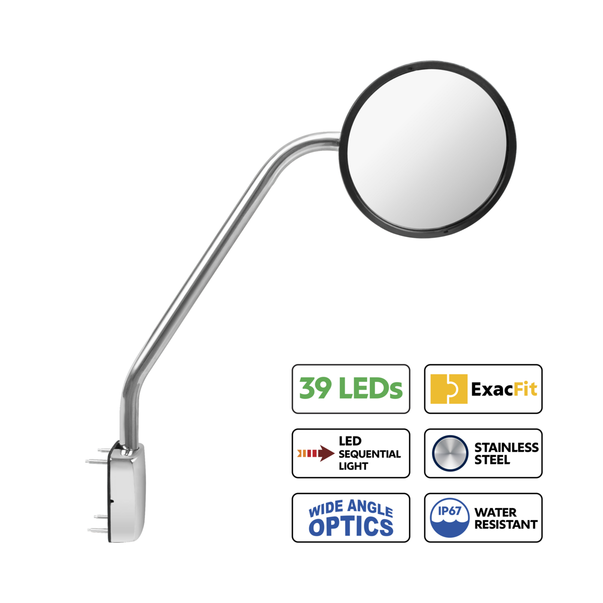 SS Hood Mirror Assembly W/ Sequential LED Turn Signal For 2013-2021 Kenworth T680 & Peterbilt 579 -
