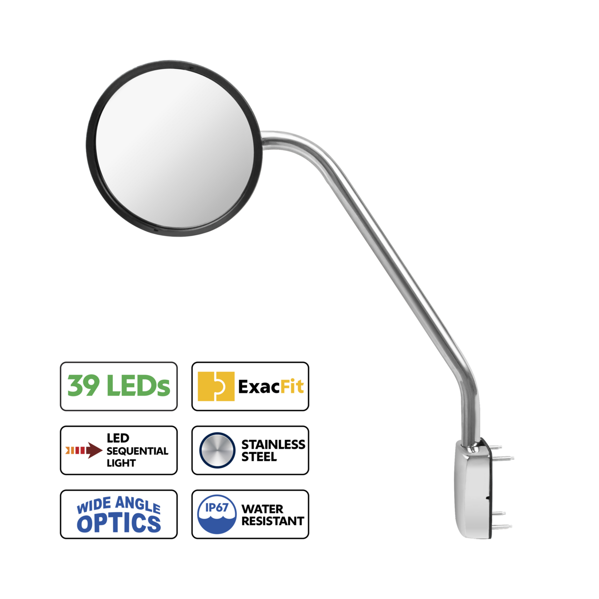 SS Hood Mirror Assembly W/ Sequential LED Turn Signal For 2013-2021 Kenworth T680 & Peterbilt 579