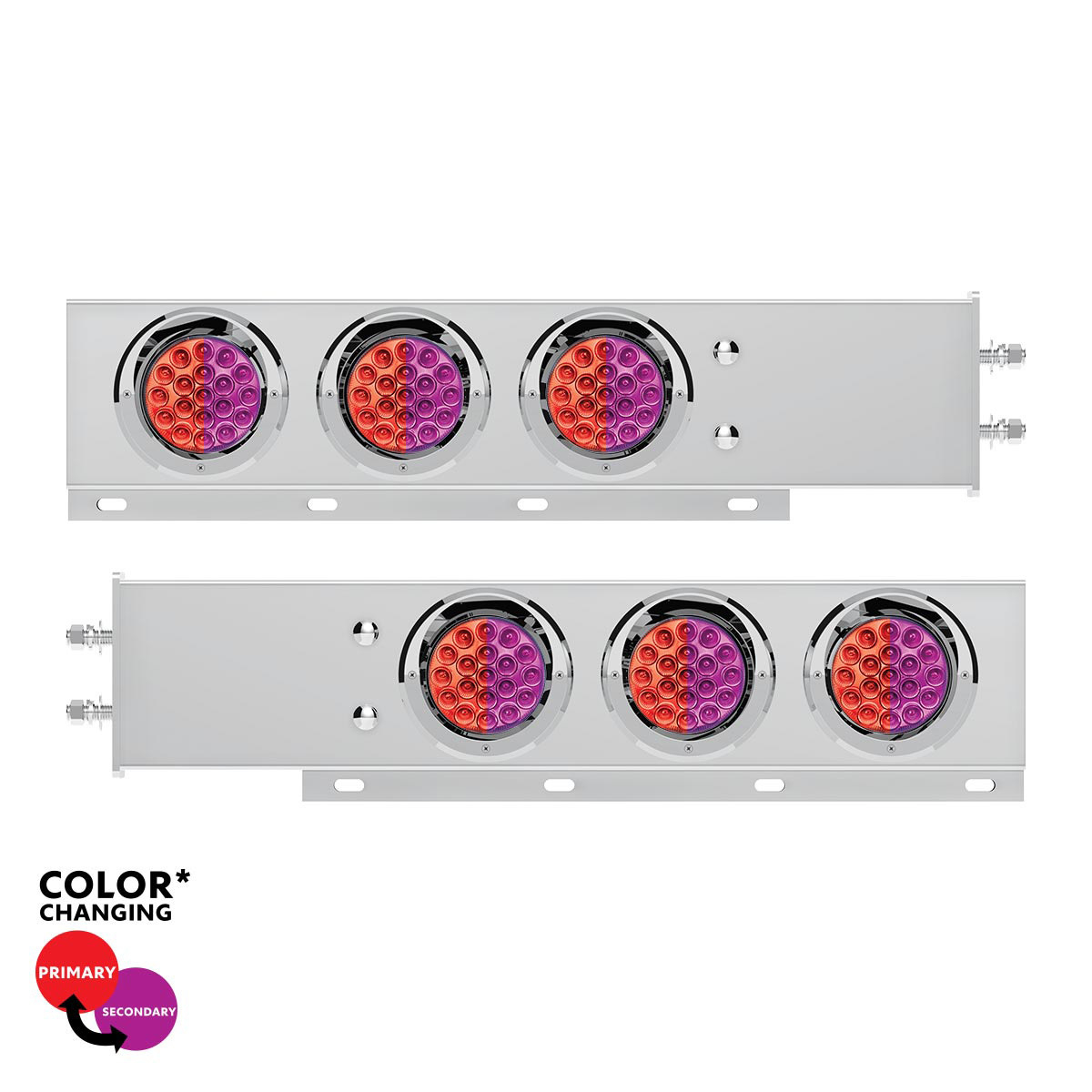 2.5" Bolt Pattern SS Spring Loaded Light Bar With 6X Double Fury 19 LED Lights & Visors-Red & Purple