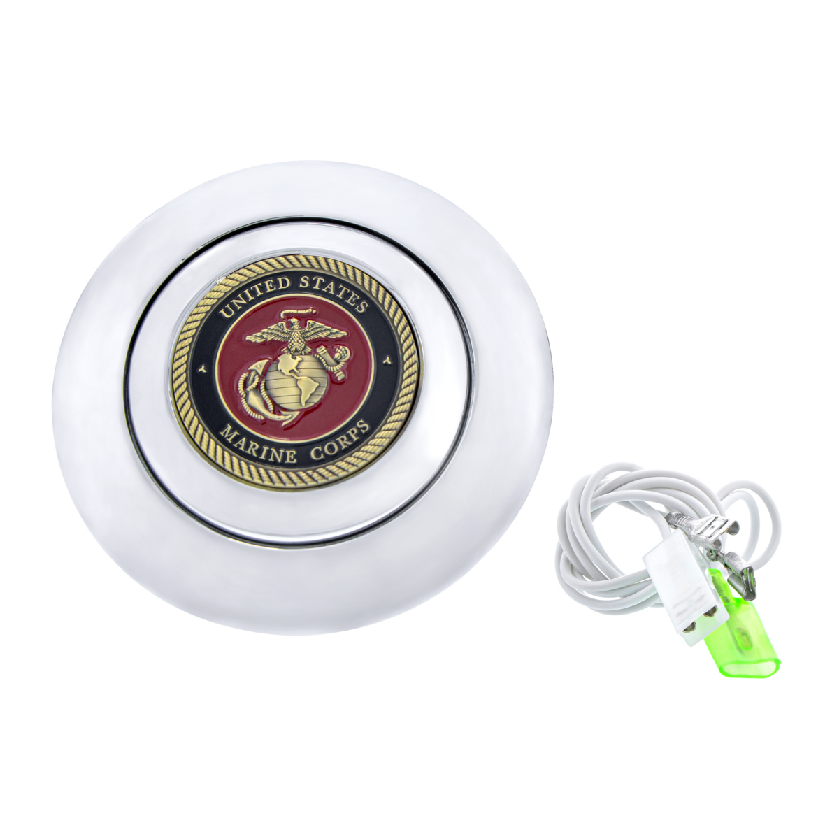 Chrome Aluminum Steering Wheel Horn Button With Metal Medallion, US Marine Corps