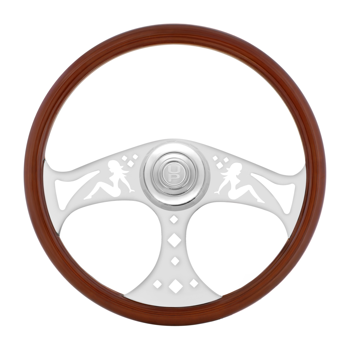 18" Lady Steering Wheel With Chrome Horn Bezel And Horn Button - Woodgrain