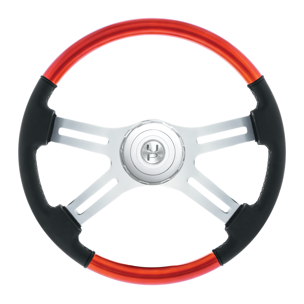 18" Leather & Wood Candy Color 4 Spoke Steering Wheel With Chrome Horn Bezel-Cadmium Orange