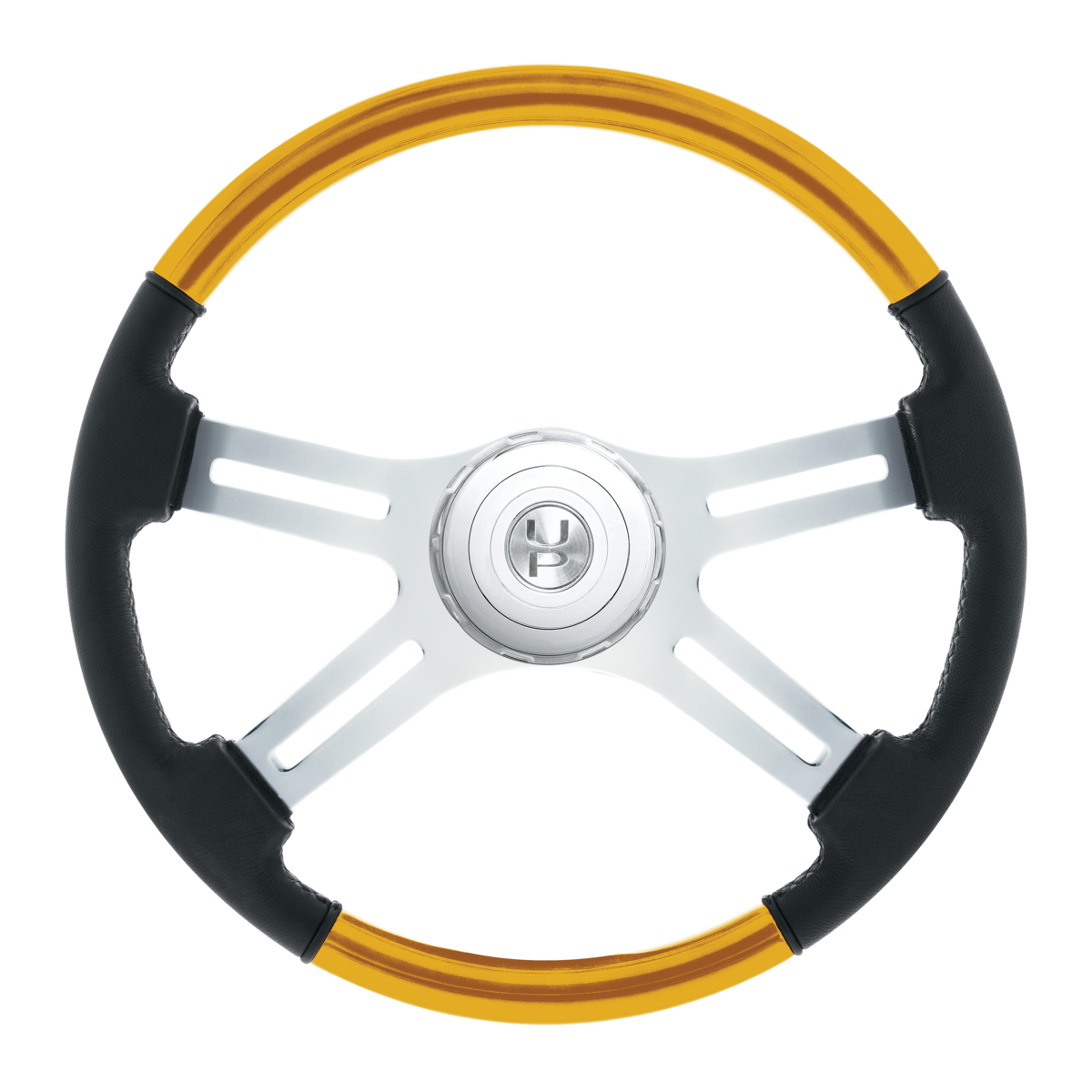 18" Leather & Wood Candy Color 4 Spoke Steering Wheel With Chrome Horn Bezel-Electric Yellow