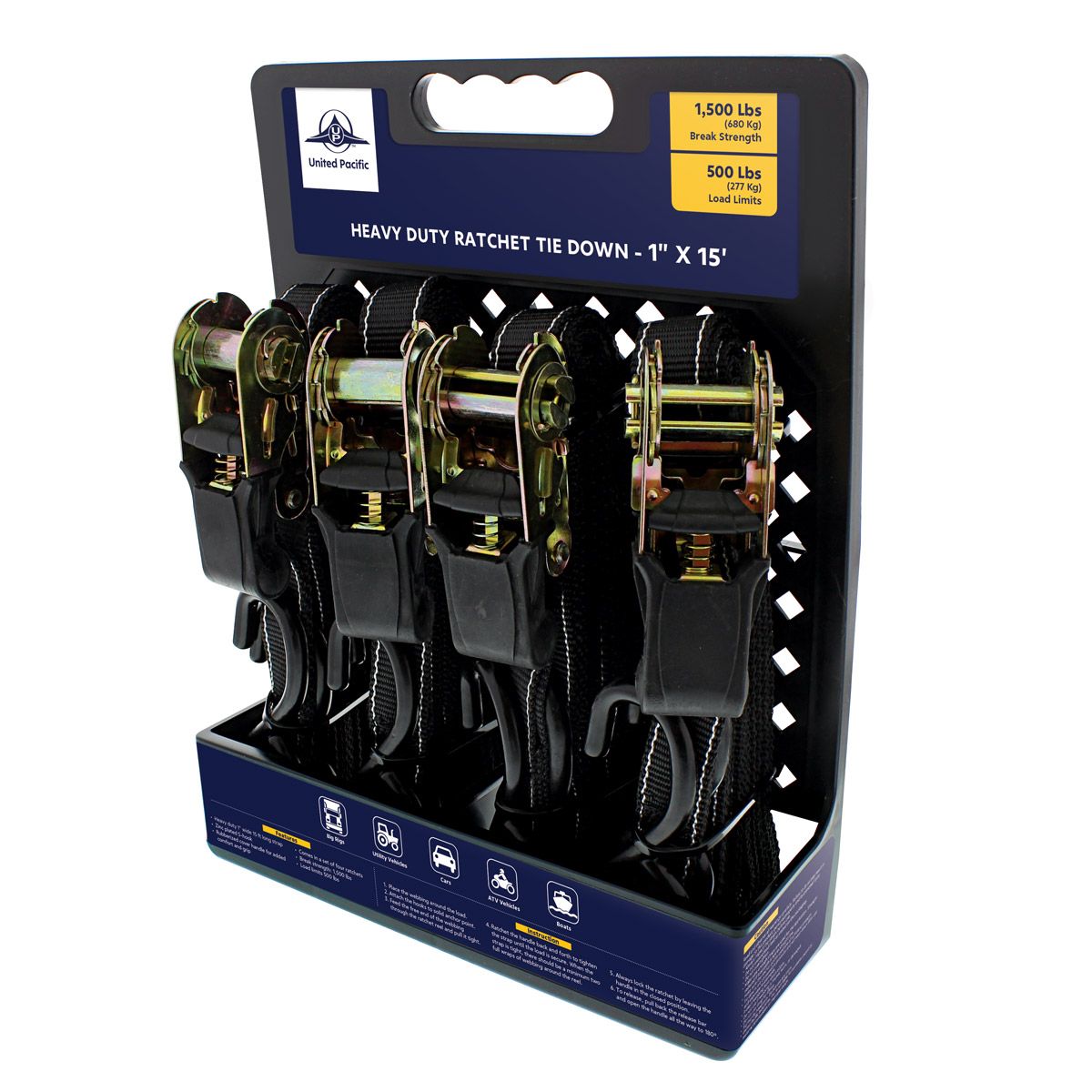 1" X 15' Ratchet Tie Down - S Hook (4-Pack)