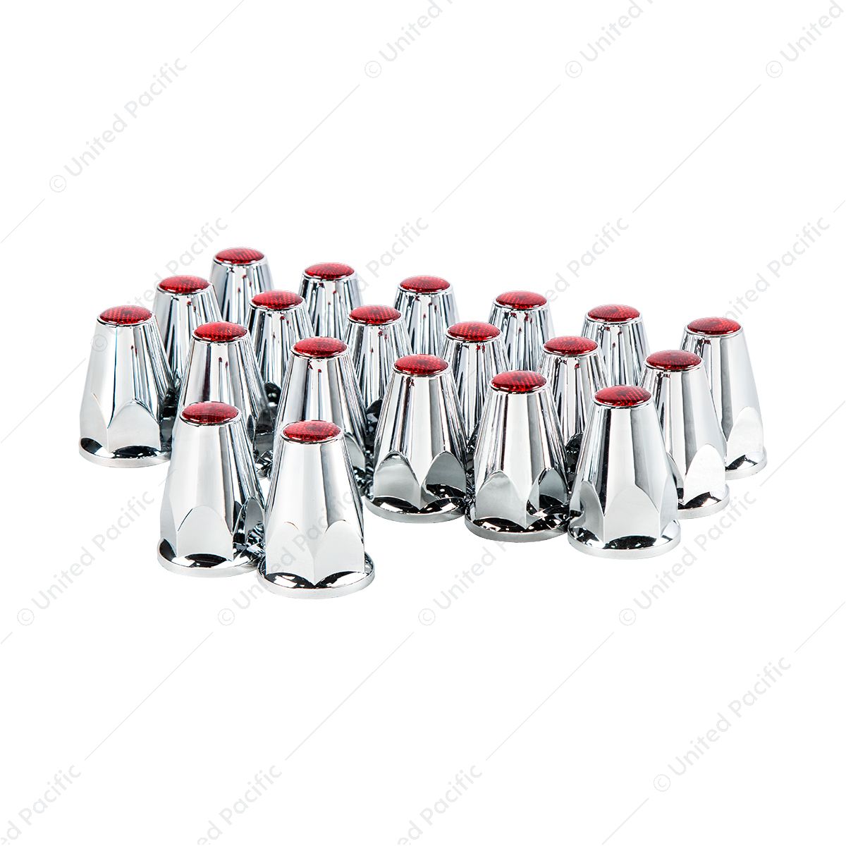 33mm X 2-3/4" Chrome Plastic Nut Covers With Flange - Push-On -Red Reflector (20-Pack)