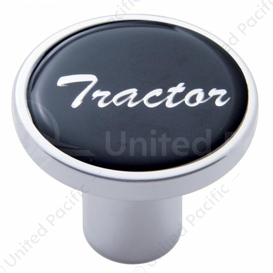 Aluminum Screw-On Air Valve Knob With Glossy Tractor Script Sticker - Black Sticker