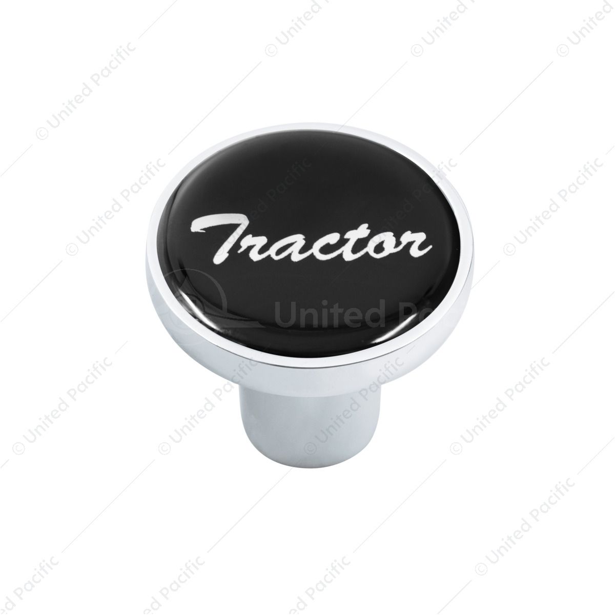 Aluminum Screw-On Air Valve Knob With Glossy Tractor Script Sticker - Black Sticker