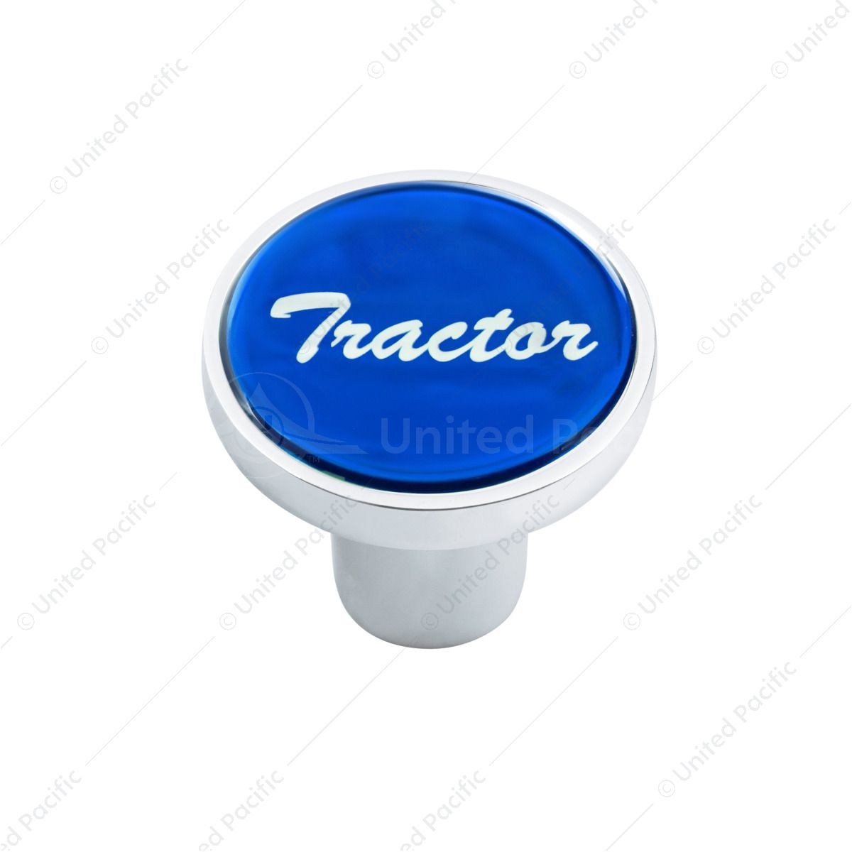 Aluminum Screw-On Air Valve Knob With Glossy Tractor Script Sticker - Blue Sticker