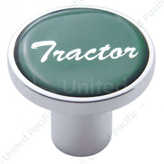 Aluminum Screw-On Air Valve Knob With Glossy Tractor Script Sticker - Green Sticker