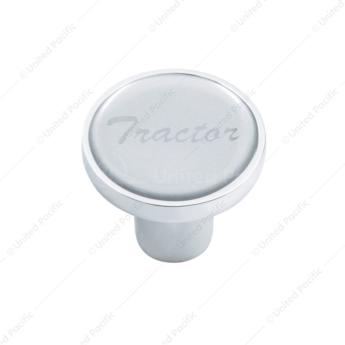 Aluminum Screw-On Air Valve Knob With Glossy Tractor Script Sticker - Silver Sticker