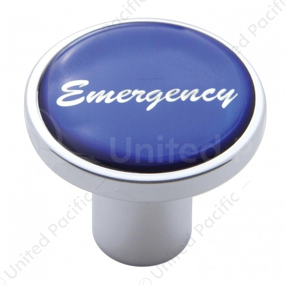 Aluminum Screw-On Air Valve Knob With Glossy Emergency Script Sticker - Blue Sticker