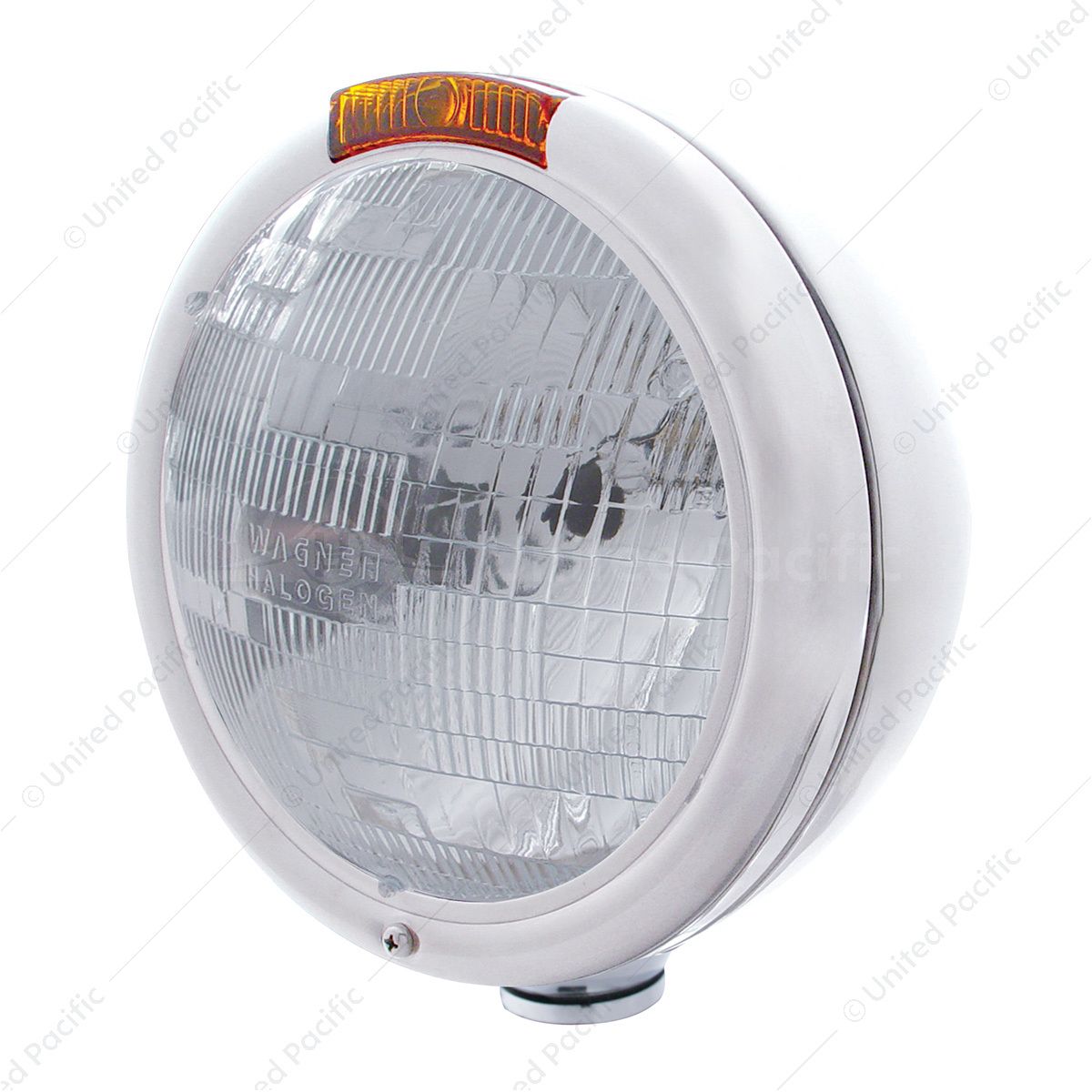 Stainless Steel "Classic" Headlight H6024 Bulb & Turn Signal - Amber Lens