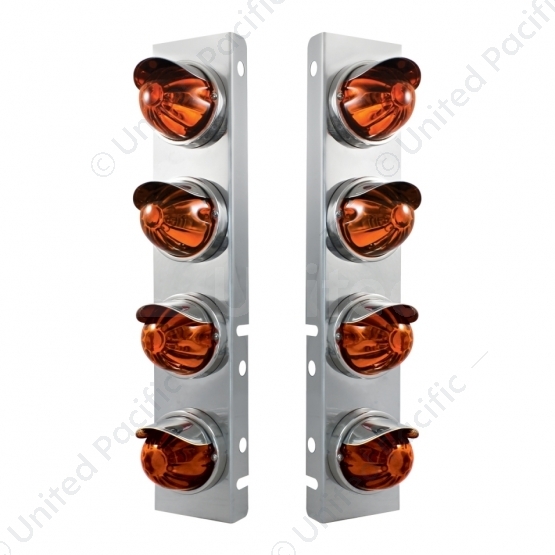 SS Front Air Cleaner Bracket With 8X Glass Watermelon Lights & SS Visors For Peterbilt-Dark Amber Le