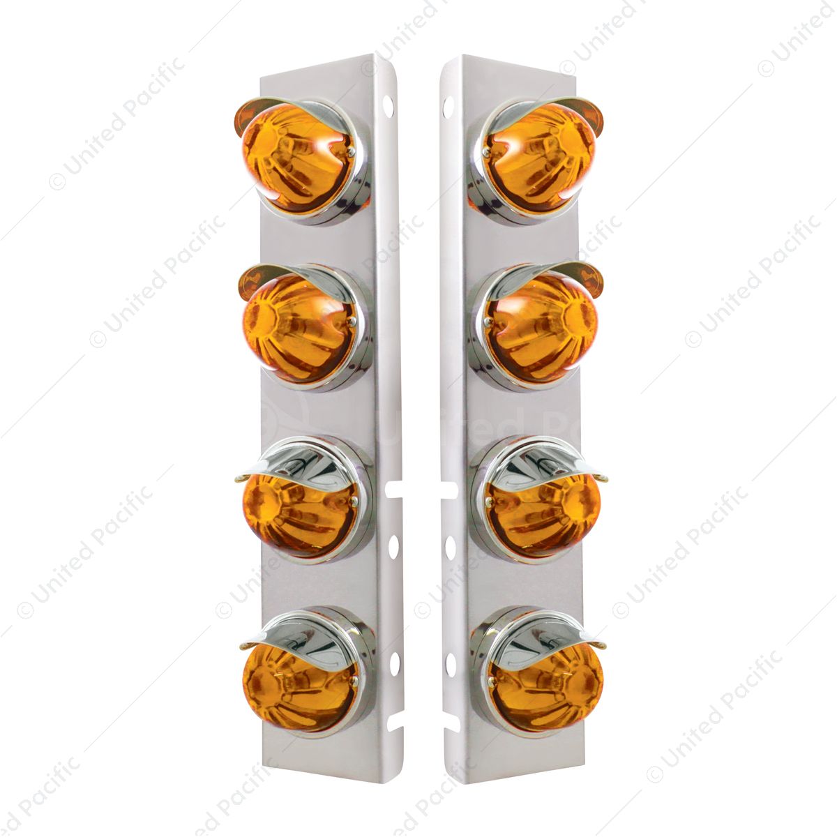 SS Front Air Cleaner Bracket With 8X Glass Watermelon Lights & SS Visors For Peterbilt -Amber Lens