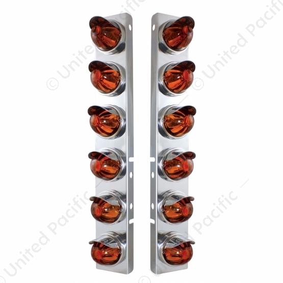 SS Front Air Cleaner Bracket With 12X Glass Watermelon Lights & SS Visors For Peterbilt-Dark Amber L