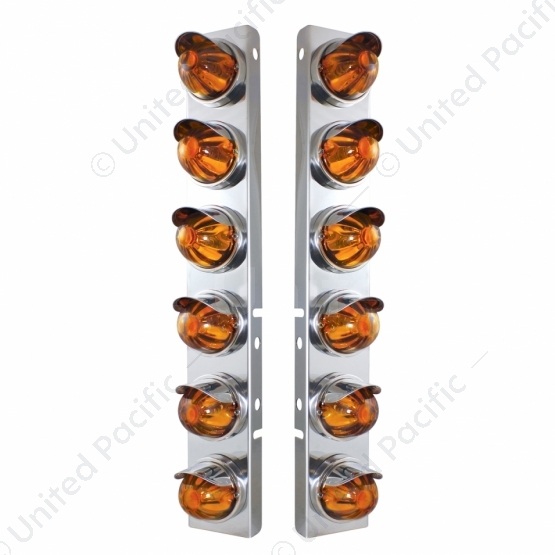 SS Front Air Cleaner Bracket With 12X Glass Watermelon Lights & SS Visors For Peterbilt-Amber Lens