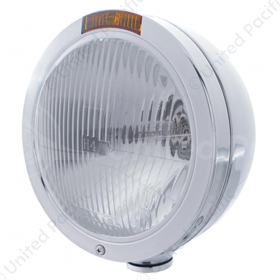 Stainless Steel Bullet Classic Headlight H4 Bulb & Turn Signal - Amber Lens
